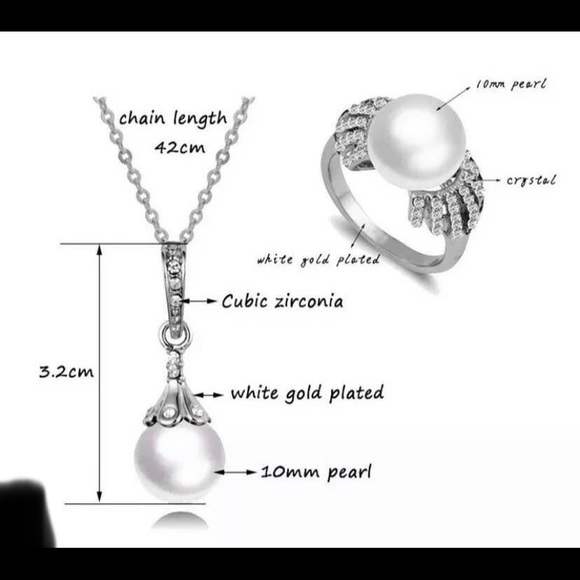 🍀New Pearl Pendant chain Necklace Earrings & Ring(size:US 8) jewelry gift Set - Picture 4 of 5